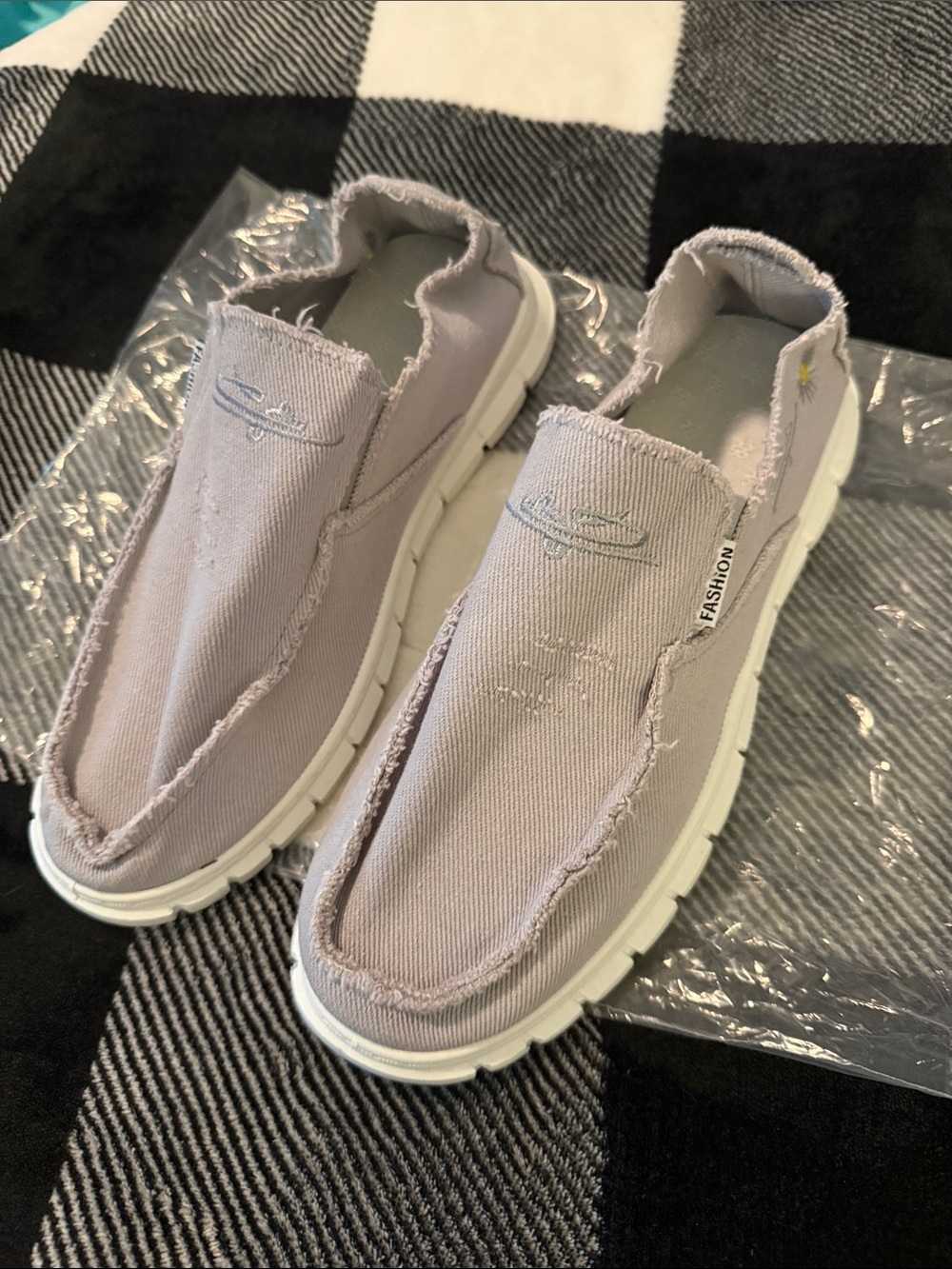 Women's Slip-On Frayed Canvas Loafers in Light Gray